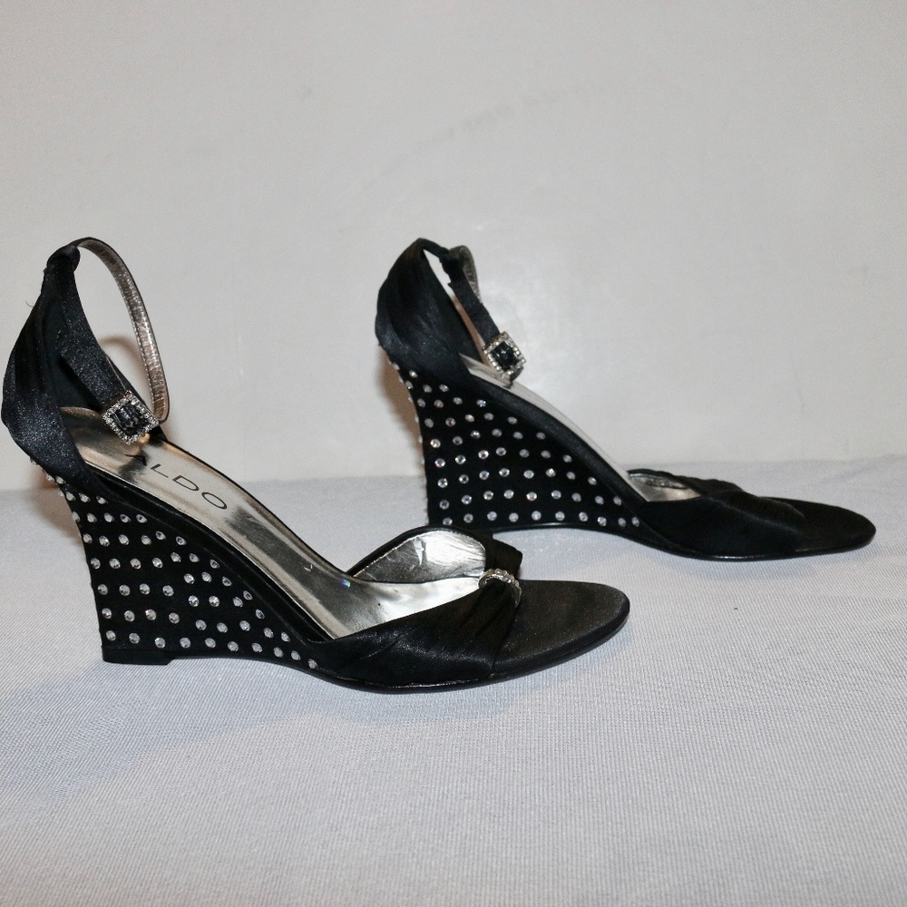 Aldo Black Satin Rhinestone Wedges Fancy NWOT